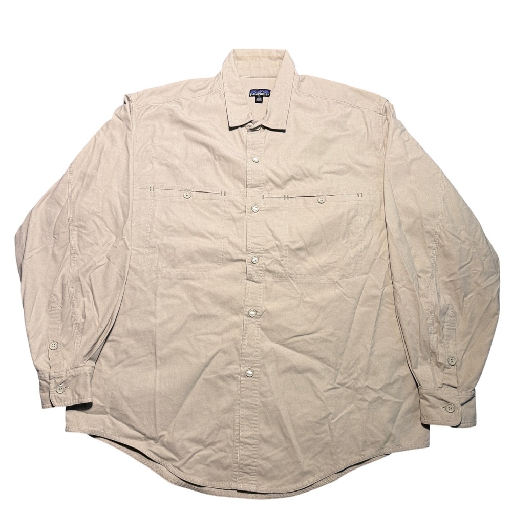 Vintage‎ Patagonia Mens XL Tan Long Sleeve Button Up Hiking Shirt Made in HK